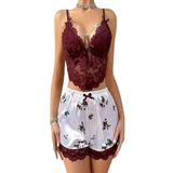 Kadın Dantel Detaylı 2'li Şortlu Pijama Takımı,Çiçek Desenli, Rahat Şık Home Wear, Model W2004 (Bordo, S)