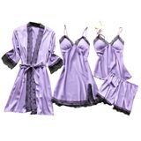Kadın dantel sabahlık gecelik pijama seti saten ipek pijama kadın (, Mor, M