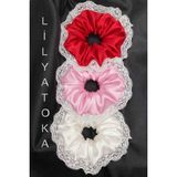 Kadın Dantelli 15CM Saten Saç Lastik Scrunchie Toka Seti - 00-Kırmızı