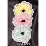 Kadın Dantelli 15CM Saten Saç Lastik Scrunchie Toka Seti - 00-Sarı