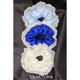 Kadın Dantelli 15CM Saten Saç Lastik Scrunchie Toka Seti - 003-Lacivert