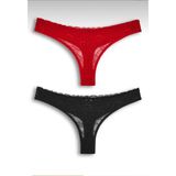 Kadın Dantelli 2'li Tanga Set Külot-Tanga-String - Kırmızı - Siyah