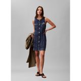 Kadın Dar Kesim Düğme Detaylı Yuvarlak Yakalı Kolsuz Mini Denim Mavi Elbise LV047F761G-0LX