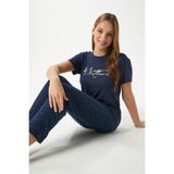 Kadın Darling Yumuşak Doku Lacivert Bisiklet Yaka Kısa Kollu Alt Üst Pijama Takımı