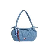 Kadın Denim Kumaş Fermuar Kapama Tommy Logo Aksesuar Denim Omuz Çantası AW0AW18883-1A4