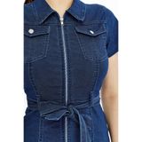 Kadın Denim Önü Fermuarlı Kemer Detaylı Mini Elbise Mavi