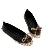 Kadın Deri Babet Ayakkabı, Jüt Örgülü Kenar, Ahşap Boncuklu Fiyonk Detaylı, Ortopedik Tabanlı, Esnek Taban, Slip-On Model (Siyah, EU Ayakkabı Beden Sistemi, Yetişkin, Kadın, Sayısal, Dar, 39)