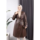 Kadın Deri Cepli Kuşaklı Trençkot - Kahverengi - 42