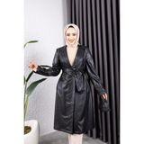 Kadın Deri Cepli Trençkot Kuşaklı Harman Butik Standart Kalıp ve Trenç Yaka ile Şıklık - Siyah - 46