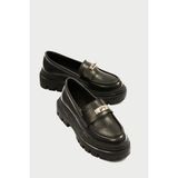 Kadın Deri Loafer Kalın Comfort Tabanlı Metal Tokalı Siyah Vareen