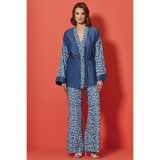 Kadın Derin V Yakalı Uzun Kollu Mavi Kimono JGU24231-KIMONO-MAVİ