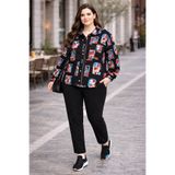 Kadın Desenli Fermuarlı Gömlek Ceket + pantolon – Siyah Siyah XL/L
