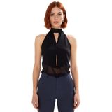 Kadın Desenli Halter Yaka Tül Bluz Kaliteli Şık Rahat Modern Zarif Günlük_Siyah-36