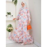 Kadın Desenli Şifon Elbise - Pembe - 46