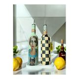 Kadın Desenli ve Kareli 750 ml Zeytinyağı Sıvıyağ Şişesi Yağdanlık Yağlık Sirkelik Sosluk 2'li Set yeşil sarı