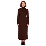 Kadın Dik Yaka A Kesim Triko Maxi Elbise Uzun Standart Kollu Akrilik Düz Desen Kışlık Günlük Şık-Kahverengi-2XL