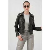 Kadın Dik Yaka Biker Siyah Ceket - 44