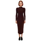 Kadın Dik Yaka Bodycon Kesim Maxi Elbise Polyester Karışımlı Örme Uzun Kollu Kışlık Zarif Tasarım-Kahverengi-XL