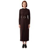 Kadın Dik Yaka Uzun Kollu Sandy Örme Bodycon Maxi Elbise Şık Toka Detaylı Günlük Kombinler İçin-Koyu Kahverengi-XL