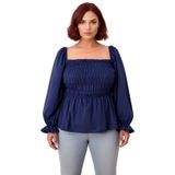 Kadın Dokuma Bluz Kare Yaka Büzgülü Kol Crop Boy A line Siluet Feminine Şıklık İlkbahar_Lacivert-48