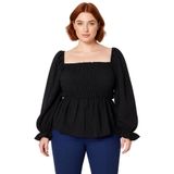 Kadın Dokuma Bluz Lacivert Kare Yaka Büzgülü Kol Crop Boy A line Siluet Feminine Şıklık İlkbahar_Siyah-44