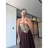 Kadın Dokuma Vintage Çiçek Desenli Arkası Bağcıklı Korse Büstiyer