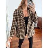 Kadın Double Kumaş Astarlı Vintage Kareli Blazer Ceket - Sarı