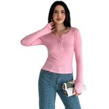 Kadın Düğme Detaylı Uzun Kollu Bluz – Yuvarlak Yaka Günlük Şık Bluz, pembe, s