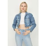 Kadın Düğmeli Crop Denim Ceket