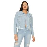 Kadın Düğmeli Etek Ucu Püsküllü Crop Denim Ceket Blue Mavi 36