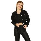 Kadın Düğmeli Etek Ucu Püsküllü Crop Denim Ceket Siyah 40