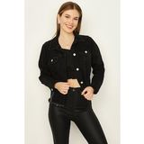 Kadın Düğmeli Etek Ucu Püsküllü Crop Denim Ceket