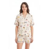 Kadın Düğmeli Kısa Kollu Şortlu Pijama Takımı Cutebear 7518 (Krem, L)