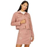 Kadın Düğmeli Püsküllü Crop Denim Ceket Pembe 46