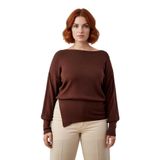 Kadın Düz Asimetrik Kesim Kayık Yaka Rahat Triko Kazak Kış Sonbahar Günlük Kombinlerinize Uyumlu -Kahverengi-2XL
