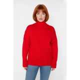 Kadın Düz Desen Akrilik Triko Kazak Relaxed Kalıp Dik Yaka Düşük Kol Kış İçin Konforlu Stil -Kırmızı-6XL