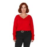Kadın Düz Desen Regular Kalıp Triko V Yaka Kazak Uzun Kollu Ve Şık Düğme Detayları İle Kaliteli -Kırmızı-4XL