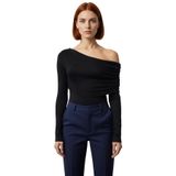 Kadın Düz Desenli Fitted Vücuda Oturan Esnek Örme Bluz Asimetrik Yaka Günlük ve Gece Kullanımı_Siyah-XS