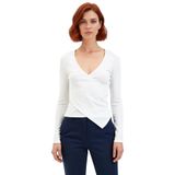 Kadın Düz Kruvaze Yaka Uzun Kollu Vücuda Oturan Bluz Pamuk Polyester Esnek Örme Konforlu Stil_Ekru-2XS
