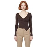 Kadın Düz Kruvaze Yaka Uzun Kollu Vücuda Oturan Bluz Pamuk Polyester Esnek Örme Konforlu Stil_Koyu Kahverengi-M