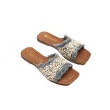 Kadın Düz Topuklu Terlik Gri Taşlı Püsküllü Kalın Tekbant