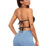 Kadın Düz Yaka Sırt Açık Siyah Super Crop Top Bluz