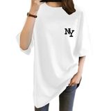 Kadın Eğlenceli Harf NY Baskılı Bisiklet Yaka Tişört - Rahat Polyester, Makinede Yıkanabilir - Yaz ve Fitness için Mükemmel, Yuvarlak Yaka- Beyaz