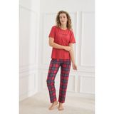 Kadın Ekose Desenli Bisiklet Yaka Pijama Takım | Kırmızı 30102-598 - XL