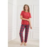 Kadın Ekose Desenli Bisiklet Yaka Pijama Takım | Kırmızı 30102-598