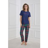 Kadın Ekose Desenli Bisiklet Yaka Pijama Takım | Lacivert 30102-1281