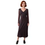 Kadın Ekose Desenli Bodycon Maxi Elbise V Yaka Uzun Kollu Tül Dokulu Bağlama Detaylı Kışlık Şıklık