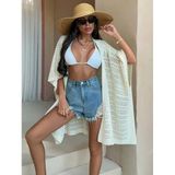 Kadın Ekru Ajurlu Yazlık Kimono Hırka Oversize Örgü Plaj Hırkası Salaş Triko Üst