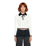 Kadın Ekru Akrilik Ajurlu Triko Kazak Polo Yakalı Fiyonk Detaylı Crop Boy Modern Stil Kaliteli -Ekru-S