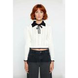 Kadın Ekru Akrilik Ajurlu Triko Kazak Polo Yakalı Fiyonk Detaylı Crop Boy Modern Stil Kaliteli